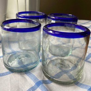 Hand Blown Mexican Bubble Glass Tumblers Cups Clear with Cobalt Blue Rim SET 4